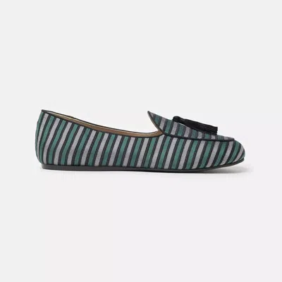 Charles Philip Elegant Striped Silk Loafers With Tassel In Green