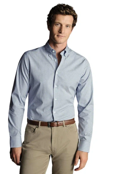 Charles Tyrwhitt Check Non-iron Button-down Oxford Slim Fit Shirt Single Cuff In Mid Blue