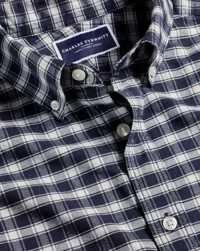 Charles Tyrwhitt Men's  Button-down Collar Brushed Washed Oxford Grid Checkered Casual Shirt In Blue
