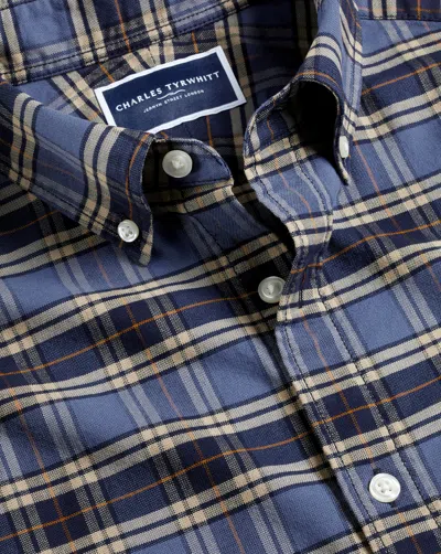 Charles Tyrwhitt Men's  Button-down Collar Brushed Washed Oxford Overcheckered Casual Shirt In Blue