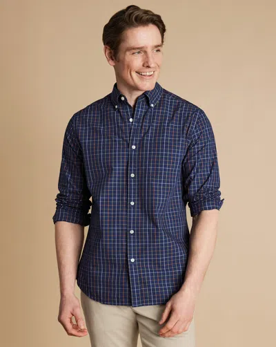 Charles Tyrwhitt Men's  Button-down Collar Non-iron Stretch Poplin Grid Checkered Casual Shirt In Blue