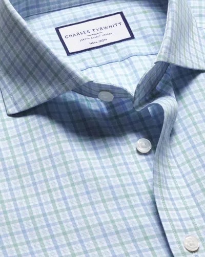 Charles Tyrwhitt Men's  Cutaway Collar Non-iron Poplin Checkered Dress Shirt In Green