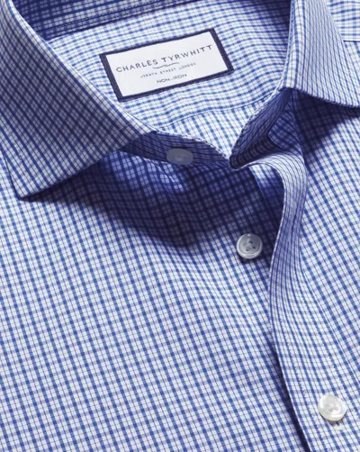 Charles Tyrwhitt Men's  Cutaway Collar Non-iron Poplin Grid Checkered Dress Shirt In Blue