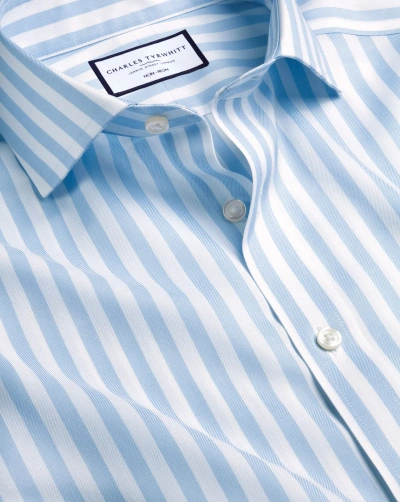 Charles Tyrwhitt Men's  Cutaway Collar Non-iron Twill Wide Stripe Dress Shirt In Blue