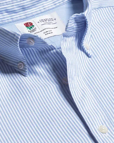 Charles Tyrwhitt England Rugby Button-down Collar Washed Oxford Stripe Cotton Shirt In Blue