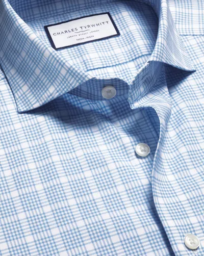 Charles Tyrwhitt Men's  Non-iron Performance Twill Checkered Dress Shirt- Cornflower Blue Single Cuff