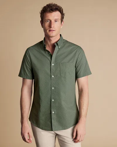 Charles Tyrwhitt Men's  Non-iron Stretch Spot Print Short Sleeve Casual Shirt In Green