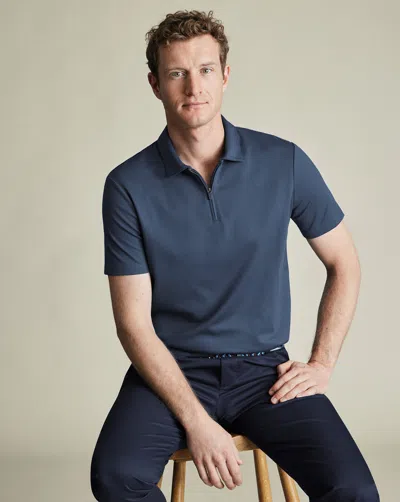 Charles Tyrwhitt Men's  Performance Textured Zip-neck Polo Shirt In Blue