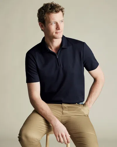 Charles Tyrwhitt Men's  Performance Textured Zip-neck Polo Shirt In Blue