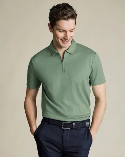 Charles Tyrwhitt Men's  Performance Textured Zip-neck Polo Shirt In Green
