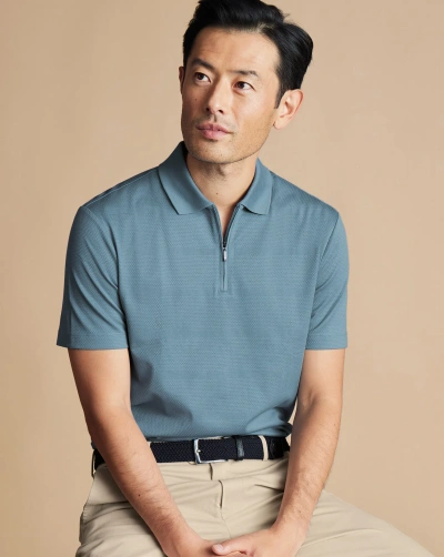 Charles Tyrwhitt Men's  Performance Textured Zip-neck Polo Shirt In Blue
