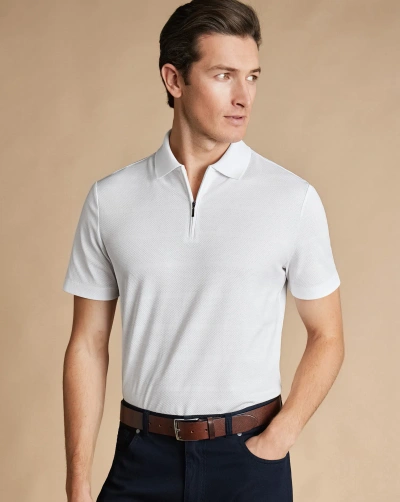 Charles Tyrwhitt Men's  Popcorn Textured Tyrwhitt Cool Zip-neck Stripe Polo Shirt In White