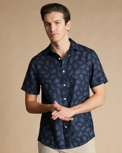 Charles Tyrwhitt Men's  Pure Leaf Print Short Sleeve Casual Shirt In Blue