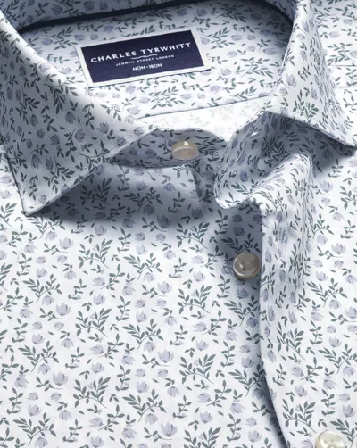 Charles Tyrwhitt Men's  Semi-cutaway Collar Non-iron Stretch Floral Print Shirt In White