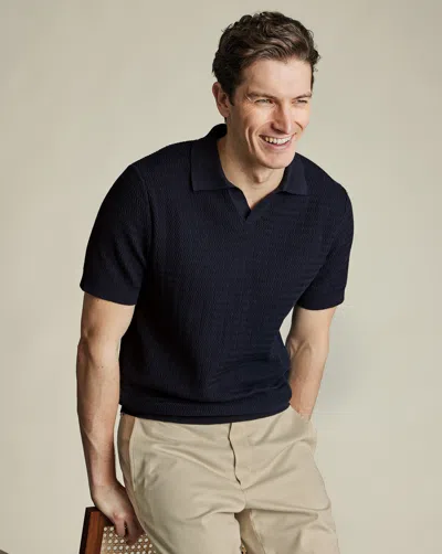 Charles Tyrwhitt Men's  Trophy Neck Textured Knitted Polo Shirt In Blue