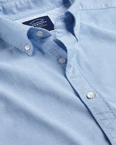 Charles Tyrwhitt Button-down Collar Washed Oxford Short Sleeve Cotton Casual Shirt In Blue