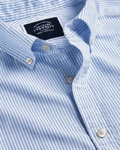 Charles Tyrwhitt Button-down Collar Washed Oxford Stripe Short Sleeve Cotton Casual Shirt In Blue