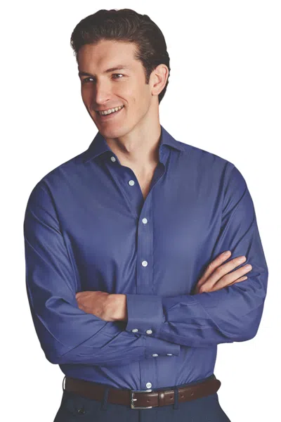Charles Tyrwhitt Men's Non-iron Twill Cutaway Slim Fit Shirt Single Cuff In Blue