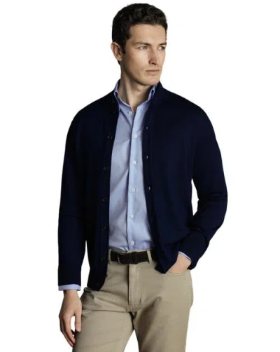 Charles Tyrwhitt Merino Button Through Funnel Neck Cardigan In Blue