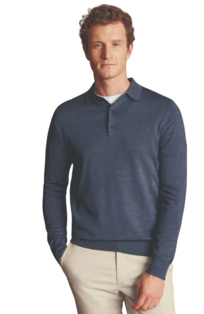 Charles Tyrwhitt Merino Polo Long Sleeve Sweater In Indigo Blue