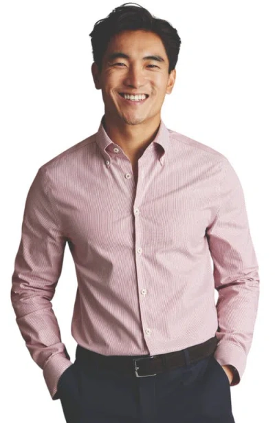 Charles Tyrwhitt Non-iron Stretch Pinpoint Oxford Stripe Shirt In Maroon Red