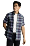 Charles Tyrwhitt Non-iron Stretch Poplin Slub Short Sleeve Shirt In Blue