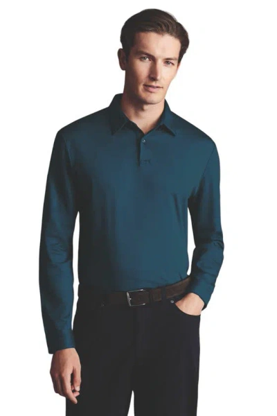 Charles Tyrwhitt Plain Long Sleeve Jersey Polo In Turquoise Blue
