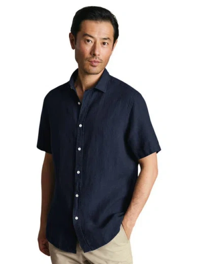 Charles Tyrwhitt Plain Pure Linen Short Sleeve Shirt In Blue