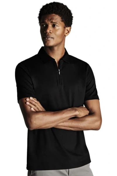 Charles Tyrwhitt Plain Short Sleeve Zip Jersey Polo In Black