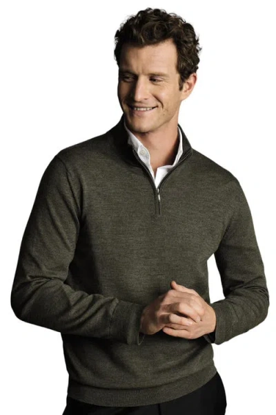 Charles Tyrwhitt Pure Merino Zip Neck Sweater In Olive Green