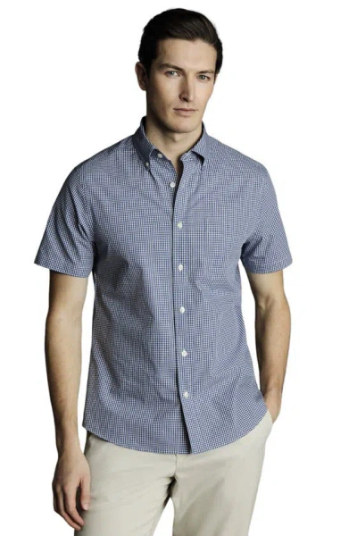 Charles Tyrwhitt Slim Fit Button-down Collar Non-iron Stretch Mini Gingham Short Sleeve Shirt In French Blue