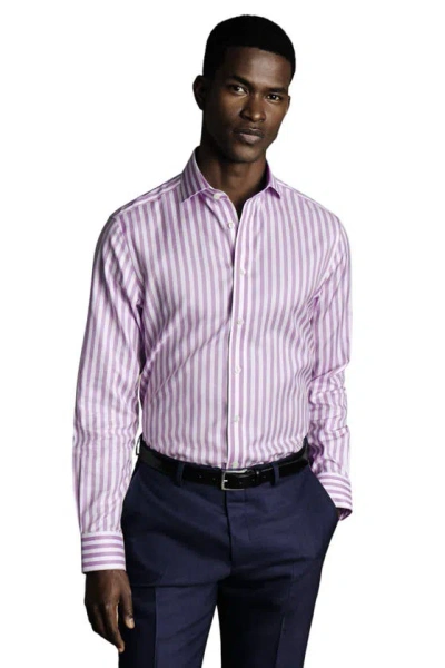 Charles Tyrwhitt Wide Stripe Non-iron Twill Cutaway Slim Fit Shirt Single Cuff In Lilac Purple