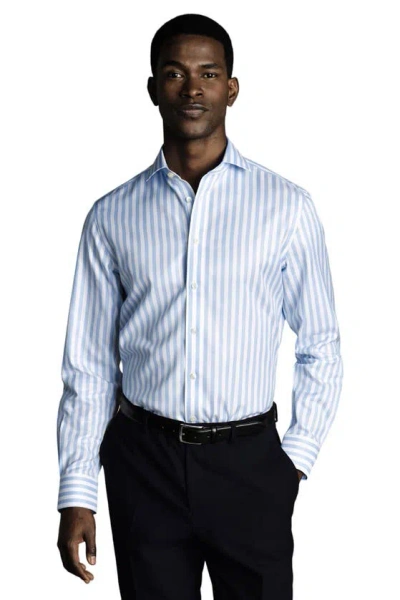 Charles Tyrwhitt Wide Stripe Non-iron Twill Cutaway Slim Fit Shirt Single Cuff In Sky Blue