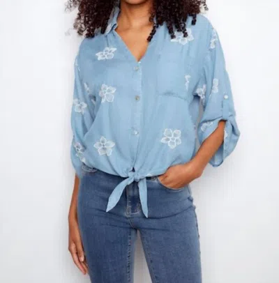 Charlie B Embroidered Tencel With Front Tie Blouse In Light Blue