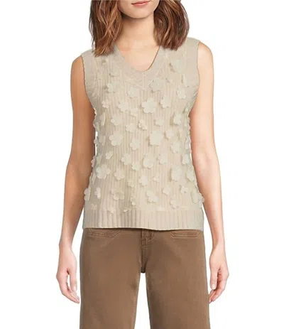 Charlie B 3d Floral Mesh V-neck Sleeveless Sweater Vest In Havoine Honey In Metallic