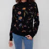 Charlie B All Over Embroidered Mock Neck Sweater In Black In Black