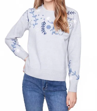 Charlie B Embroidered Crew Neck Sweater In Heather Grey In Blue