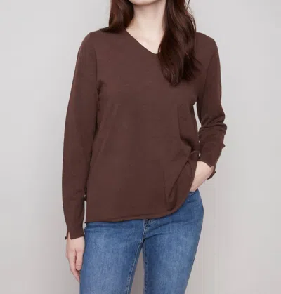 Charlie B Basic Long Sleeve V-neck Sweater In Mocha In Burgundy