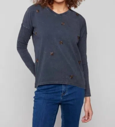 Charlie B Beaded Knit Top In Charcoal In Blue