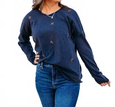 Charlie B Beaded Vintage Wash V-neck Knit Top In Charcoal In Blue