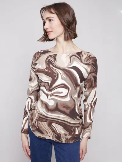 Charlie B Boat Neck Sweater With Side Button Details In Swirls In Brown