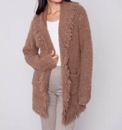 Charlie B Boucle Cardigan With Finged Shawl Neck In Truffle In Brown