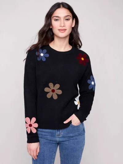 Charlie B Boucle Flowers Long Sleeve Sweater In Black