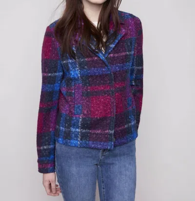 Charlie B Bouclé Knit Plaid Short Jacket In Navy In Blue