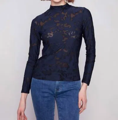 Charlie B Burnout Mesh Mock Neck Top In Blue Black
