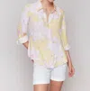 Charlie B Button Front Top With Tab Sleeve In Yellow/pink
