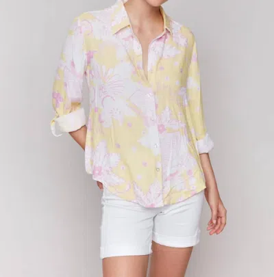Charlie B Button Front Top With Tab Sleeve In Yellow/pink
