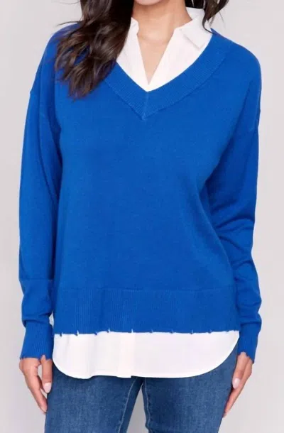 Charlie B Carolina Collar Sweater Top In Saphire In Blue