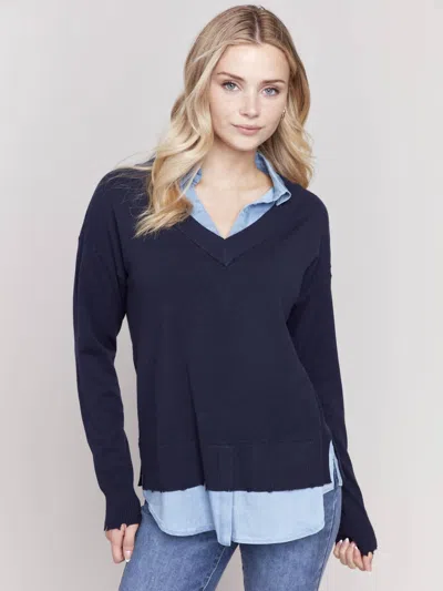 Charlie B Chambray Fooler Sweater In Navy In Blue