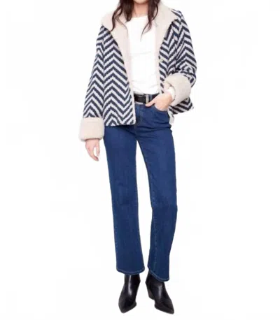 Charlie B Chevron Bouclé Sherpa Trim Short Jacket In White & Blue